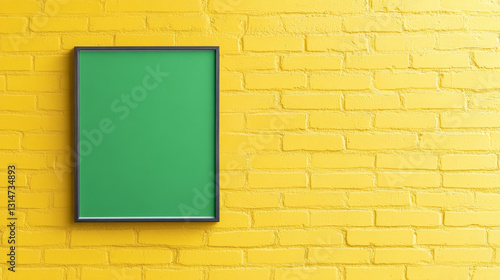 Wallpaper Mural Minimalist green poster framed in black, suspended against yellow brick wall, highlighting contemporary interior design aesthetic Torontodigital.ca