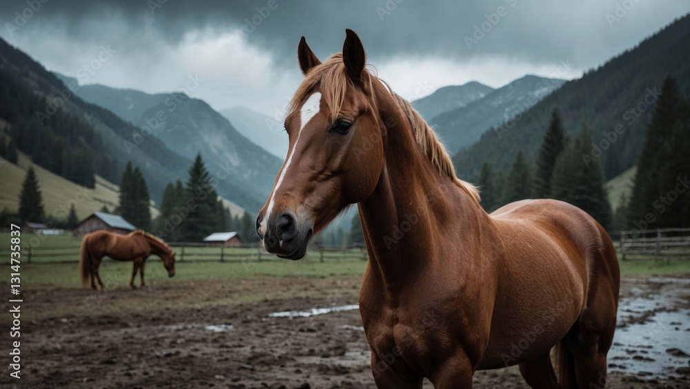 Obraz premium Beautiful and impressive horses on the farm. Horse portrait among the mountains.