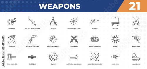 outline icons set - weapons concept. objetive, katana with handle and more.
