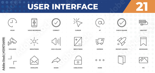 outline icons set - user interface concept. hour, voice recording and more.