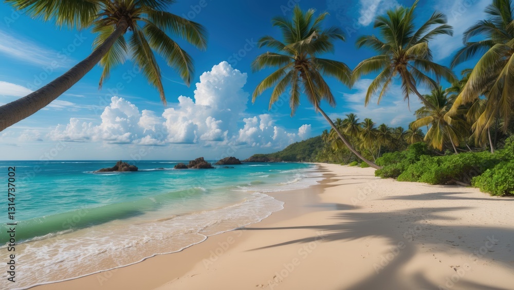 panoramic view of a tropical beach featuring coconut palm trees panoramic view of a tropical beach featuring coconut palm trees