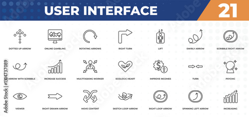 outline icons set - user interface concept. dotted up arrow, online gambling and more.