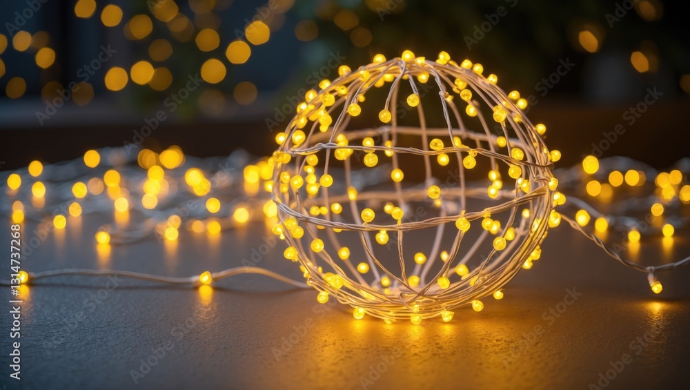 Obraz premium Decorative garland of glowing yellow shiny LED lights shining in a spherical shape during the festive season with a bokeh golden background at night.