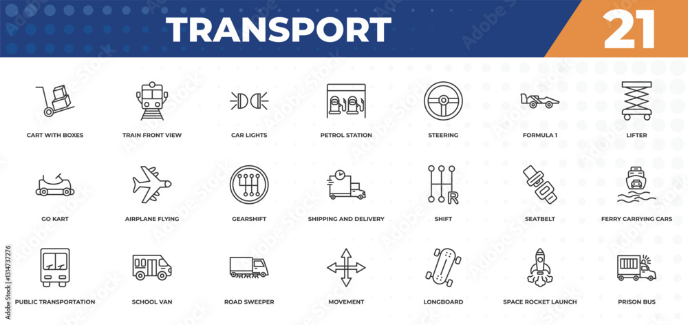 Obraz premium outline icons set - transport concept. cart with boxes, train front view and more.