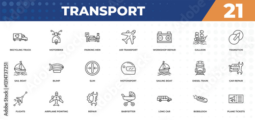 outline icons set - transport concept. recycling truck, motorbike and more.