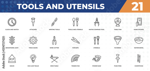 outline icons set - tools and utensils concept. clock and watch, attached and more.