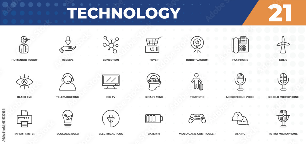outline icons set - technology concept. humanoid robot, receive and more. outline icons set - technology concept. humanoid robot, receive and more.