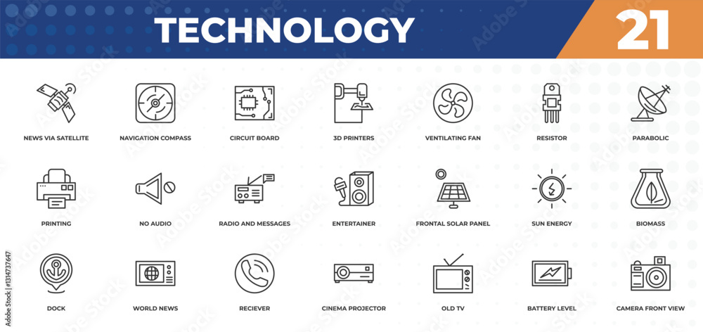 Fototapeta outline icons set - technology concept. news via satellite, navigation compass and more.