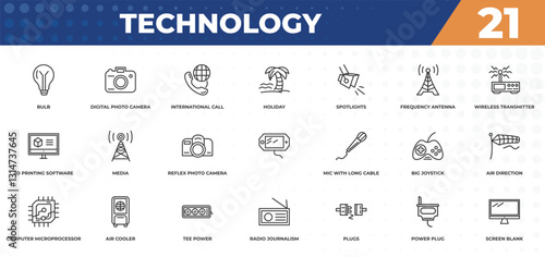 outline icons set - technology concept. bulb, digital photo camera and more.