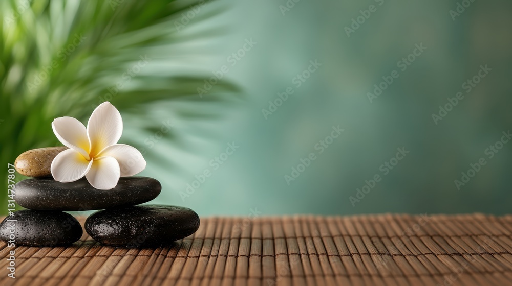 A beautifully arranged stack of black stones with an accent plumeria flower, set against a soft greenscape that nurtures relaxation and serenity. A beautifully arranged stack of black stones with an accent plumeria flower, set against a soft greenscape that nurtures relaxation and serenity.