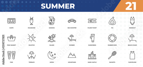 outline icons set - summer concept. caste, milkshake and more.
