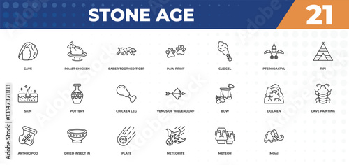 outline icons set - stone age concept. cave, roast chicken and more.