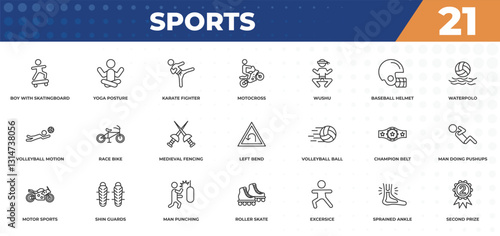 outline icons set - sports concept. boy with skatingboard, yoga posture and more.