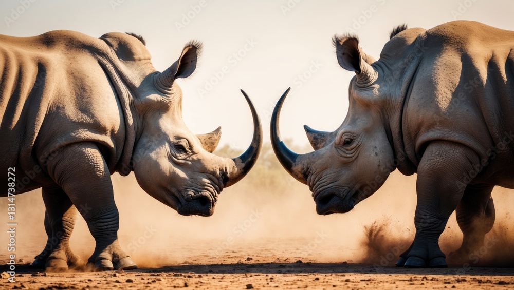 Fototapeta premium Confrontation between two white rhinos in the savannah.