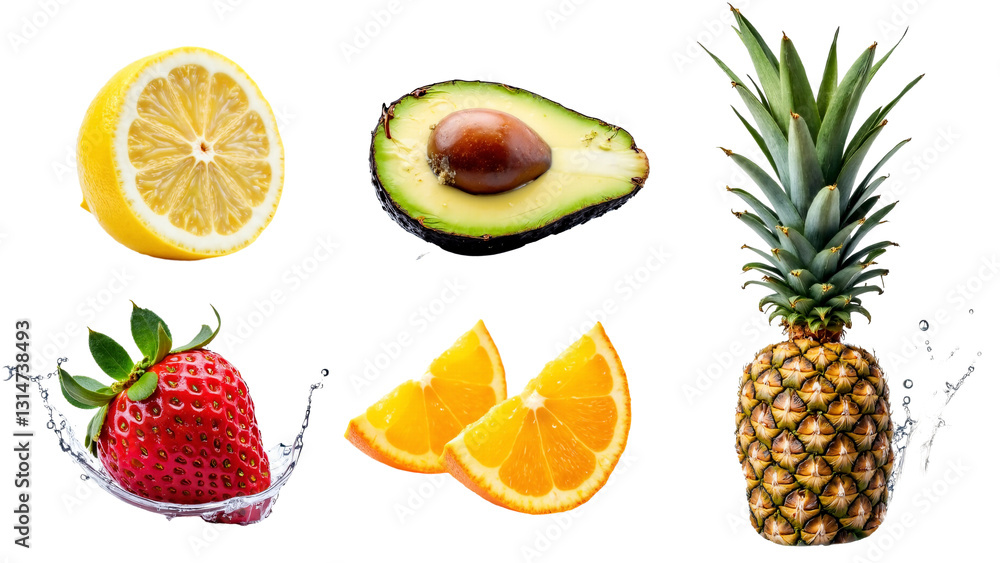 Vibrant Fruit Collage with Water Splashes, Isolated on Transparent Background for Freshness and Vitality in Marketing Vibrant Fruit Collage with Water Splashes, Isolated on Transparent Background for Freshness and Vitality in Marketing