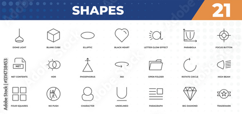 outline icons set - shapes concept. dome light, blank cube and more.