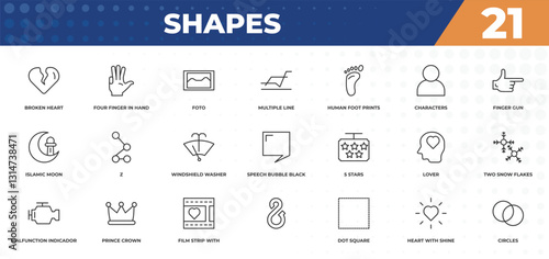 outline icons set - shapes concept. broken heart, four finger in hand and more.