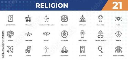 outline icons set - religion concept. holy scriptures, ayyavazhi and more.
