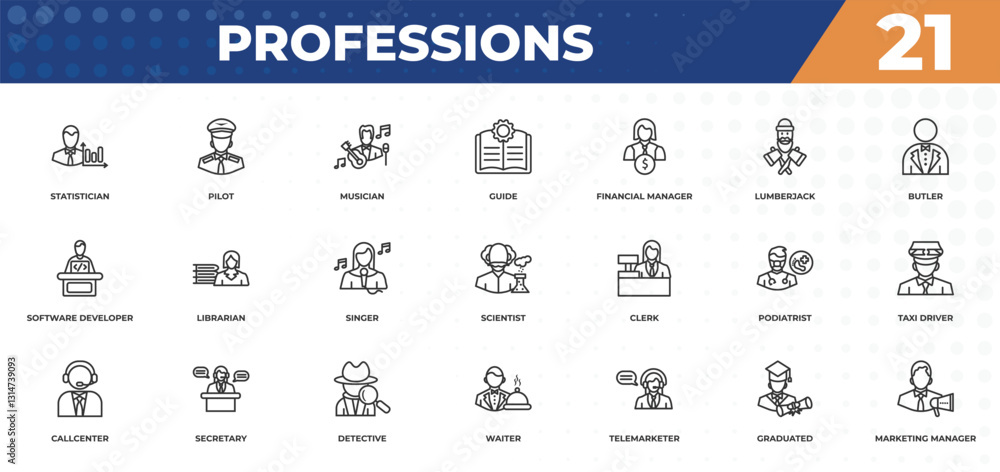 Fototapeta outline icons set - professions concept. statistician, pilot and more.