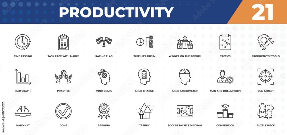 Naklejka premium outline icons set - productivity concept. time passing, task page with marks and more.