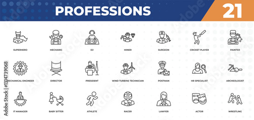 outline icons set - professions concept. superhero, mechanic and more.