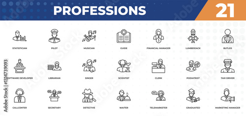 outline icons set - professions concept. statistician, pilot and more.