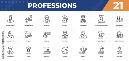 outline icons set - professions concept. businessman, civil engineer and more.