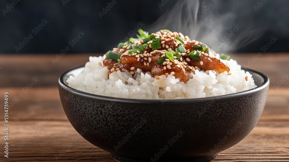 A steaming bowl of fluffy rice topped with tender chicken and garnished with green onions and sesame seeds, making for a flavorful and comforting meal perfect for any occasion. A steaming bowl of fluffy rice topped with tender chicken and garnished with green onions and sesame seeds, making for a flavorful and comforting meal perfect for any occasion.