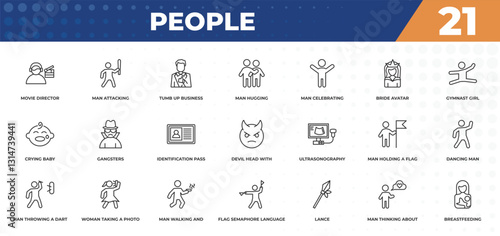 outline icons set - people concept. movie director, man attacking and more.