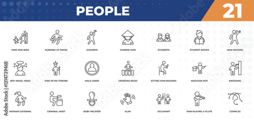 outline icons set - people concept. hide and seek, running at finish line and more.