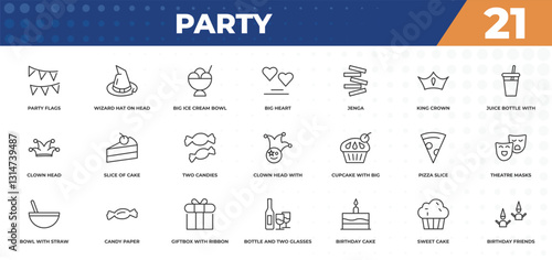 outline icons set - party concept. party flags, wizard hat on head and more.