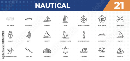 outline icons set - nautical concept. salt water, speedboat and more.