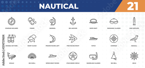 outline icons set - nautical concept. compass inclined, fishes and more.