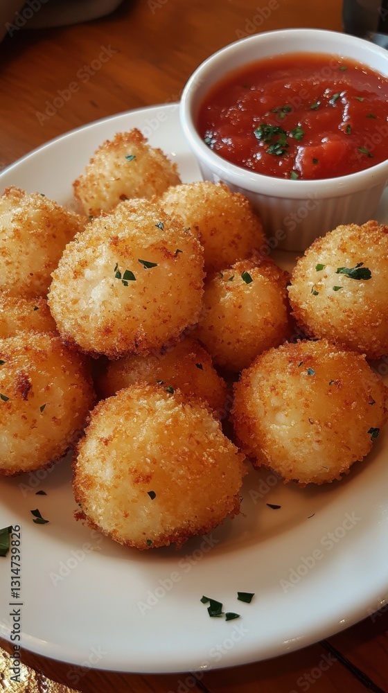 Golden Arancini Balls with Marinara Sauce Italian Appetizer on White Plate Close Up Delicious Fried Rice Balls Golden Arancini Balls with Marinara Sauce Italian Appetizer on White Plate Close Up Delicious Fried Rice Balls