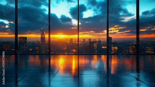 A modern office interior with floor-to-ceiling windows showcasing a city skyline at sunset, warm lighting, and stylish design