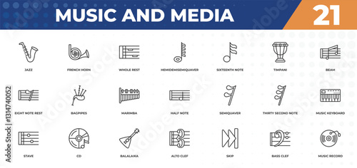 outline icons set - music and media concept. jazz, french horn and more.
