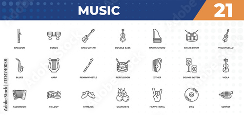 outline icons set - music concept. bassoon, bongo and more.