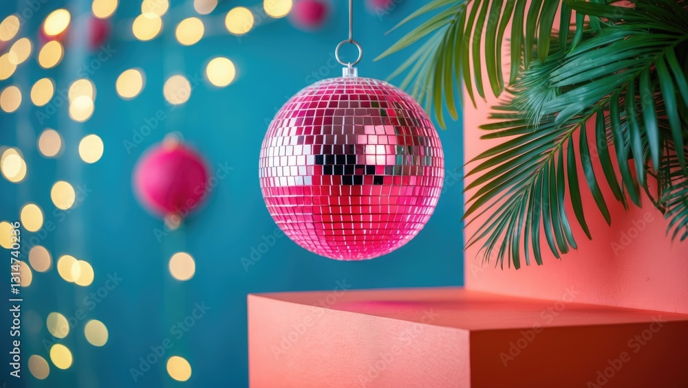 Fototapeta premium Pink disco ball with tropical palm leaves decoration and vibrant stage wall platform.