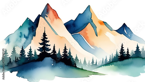 Watercolor Mountain Landscape with Evergreen Trees and Misty Forest