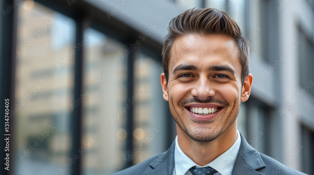 male employee smiling happily with blurred background of office building male employee smiling happily with blurred background of office building