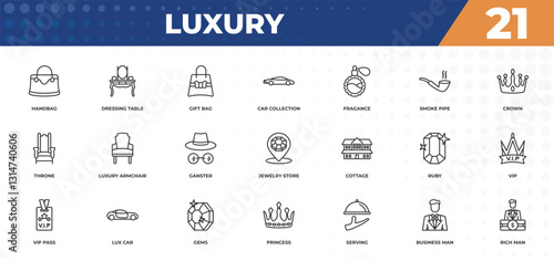 outline icons set - luxury concept. handbag, dressing table and more.