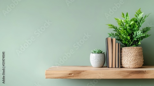 A stylish wooden shelf displaying potted plants alongside neatly arranged books, encapsulating the harmony between nature and modern living spaces with a refreshing ambiance.