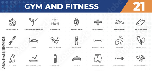 outline icons set - gym and fitness concept. big stopwatch, stretching leg exercise and more.