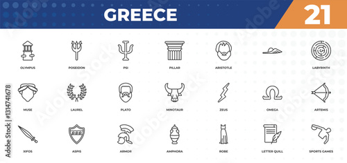 outline icons set - greece concept. olympus, poseidon and more.