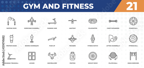 outline icons set - gym and fitness concept. skipping rope, exercising dumbbell and more.