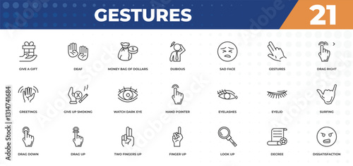 outline icons set - gestures concept. give a gift, deaf and more.