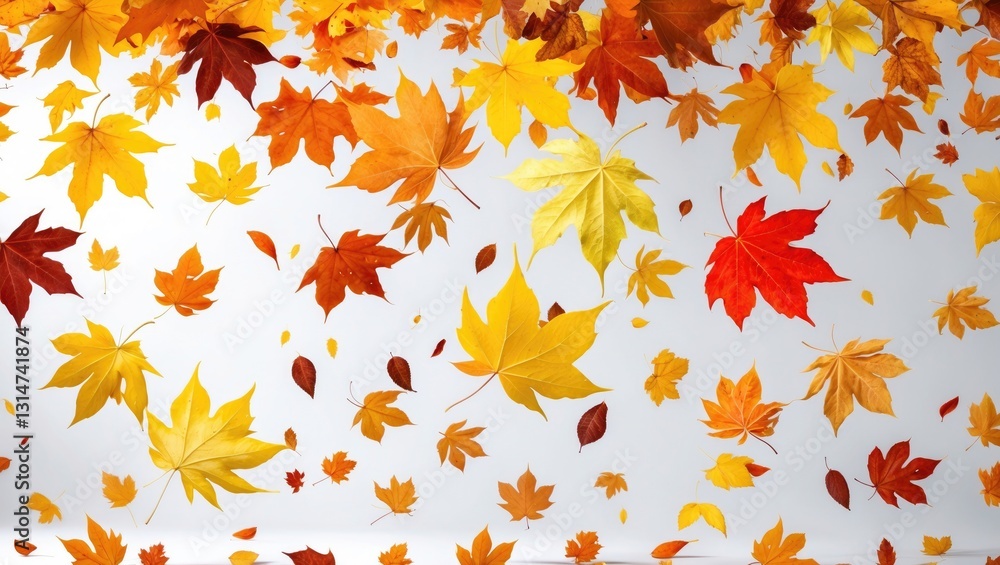 Many autumn leaves falling on a white isolated background, viewed from the front. Many autumn leaves falling on a white isolated background, viewed from the front.