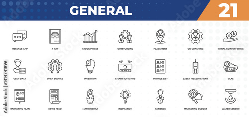 outline icons set - general concept. message app, x-ray and more.