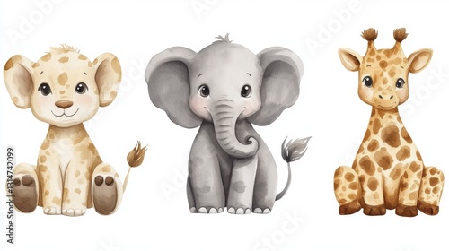 Watercolor safari animals lion elephant giraffe illustration on white background for children decoration