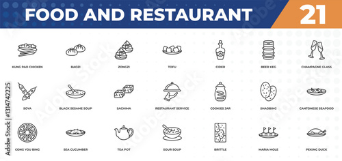 outline icons set - food and restaurant concept. kung pao chicken, baozi and more.